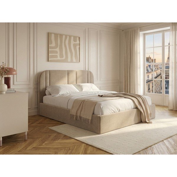 Bézs kárpitozott ágyneműtartós franciaágy ágyráccsal 180x200 cm Sidney – Bobochic Paris-image-1