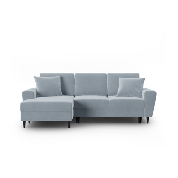Világoskék bársony kinyitható tárolóhelyes sarokkanapé (bal oldali-heverő résszel) Kyoto – Cosmopolitan Design
