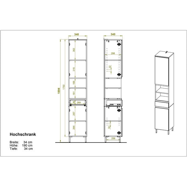 Fehér magas fürdőszoba szekrény tölgyfa dekorral 34x190 cm Torrance - Germania-image-3