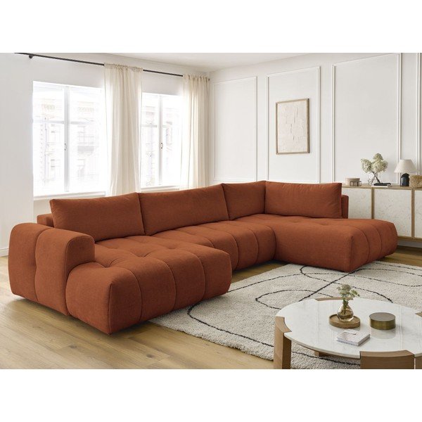 Téglavörös kinyitható-tárolóhelyes sarokkanapé (jobb oldali-U alakú) Fuji – Bobochic Paris-image-1