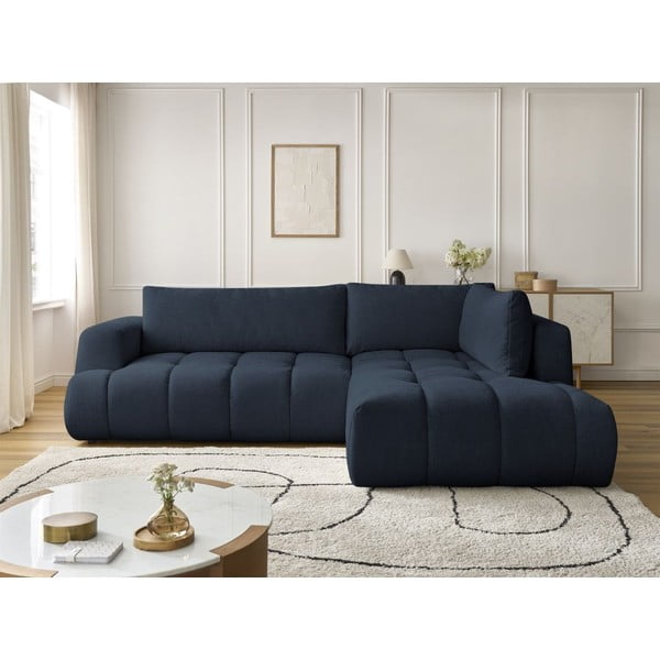Sötétkék kinyitható-tárolóhelyes sarokkanapé (jobb oldali-L alakú) Fuji – Bobochic Paris-image-1