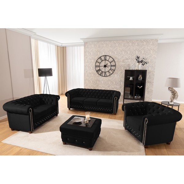Fekete bársony chesterfield fotel York Blik – Ropez-image-4