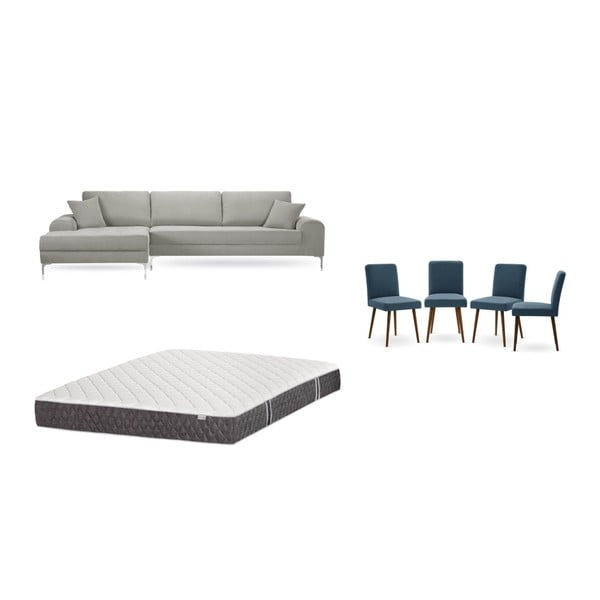 Világosszürke baloldali sarokkanapé, 4 db kék szék, matrac (160 x 200 cm) szett - Home Essentials