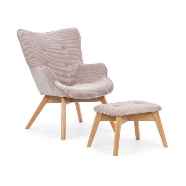 Világos rózsaszín kordbársony fotel lábtartóval Niko – Ropez