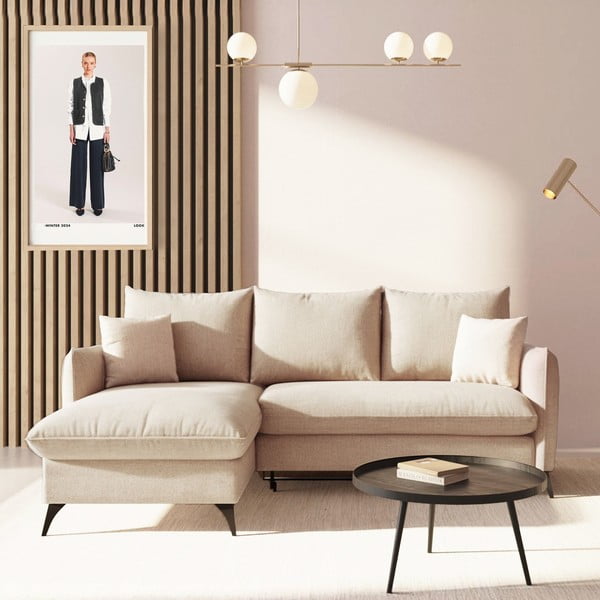 Bézs buklé kinyitható tárolóhelyes sarokkanapé (bal oldali-heverő résszel) Brim – Rodier-image-1