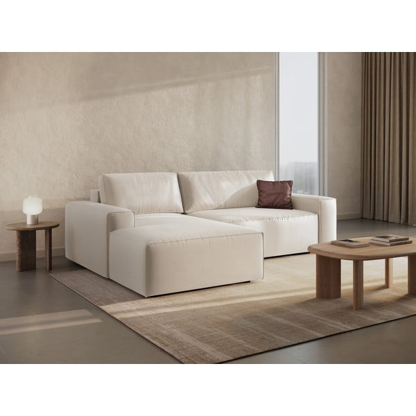 Bézs bársony kinyitható-tárolóhelyes sarokkanapé (bal oldali-heverő résszel) Jodie – Micadoni -image-2