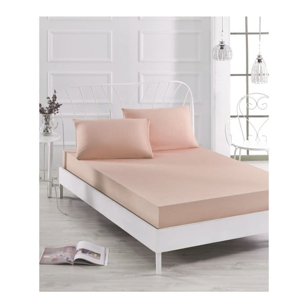Basso Merun halvány rózsaszín elasztikus lepedő és párnahuzat szett egyszemélyes ágyhoz, 100 x 200 cm