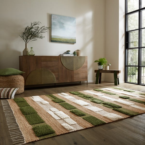 Zöld-natúr színű kézi szövésű jutakeverék szőnyeg 160x230 cm Medina Blocks – Flair Rugs-image-1