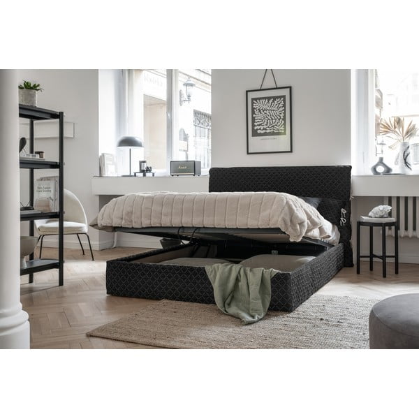 Fekete kárpitozott franciaágy tárolóhellyel, ágyráccsal 160x200 cm Sleepy Luna – Miuform-image-1