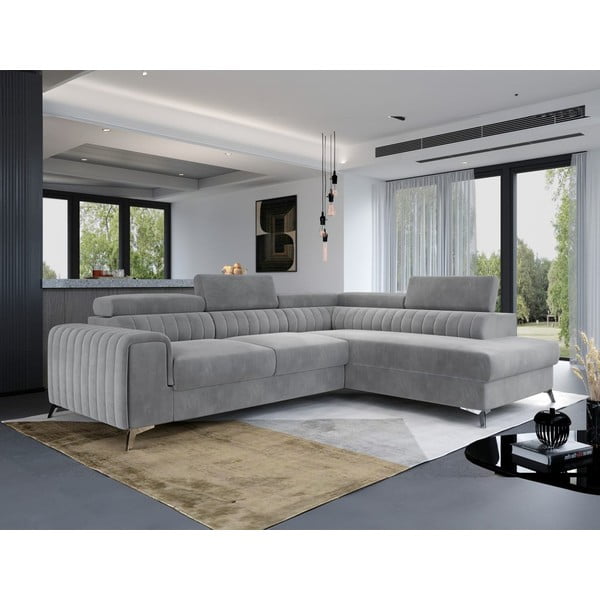Szürke bársony kinyitható-tárolóhelyes sarokkanapé (jobb oldali-L alakú) Laurence – ELTAP-image-4