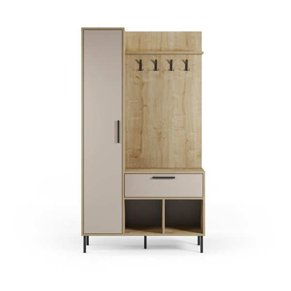 Krémszínű-natúr színű előszoba bútor tölgyfa dekorral 108x195x35 cm Heidy – Marckeric