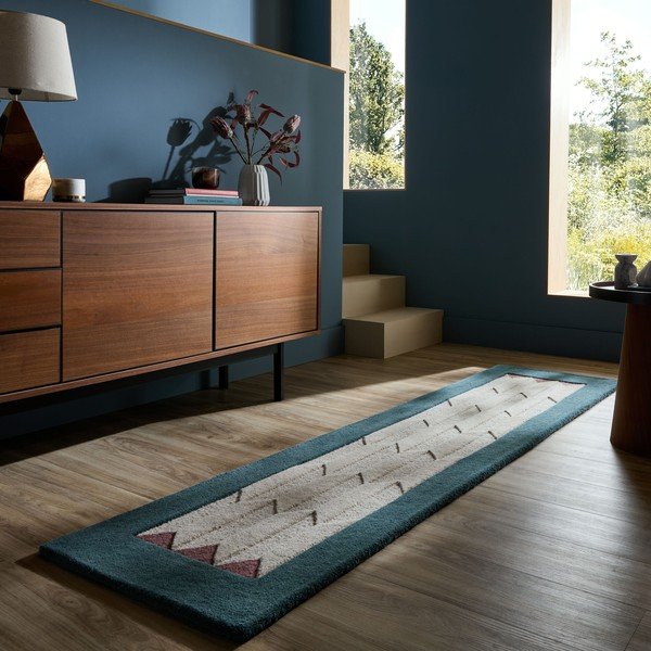 Natúr színű-kékeszöld kézi szövésű gyapjú futószőnyeg 60x230 cm Apex Border Wool – Flair Rugs-image-1
