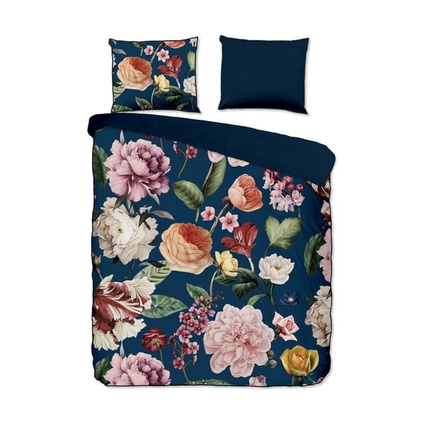 Sötétkék kétszemélyes-hosszabbított pamut-szatén ágyneműhuzat 200x220 cm Fiori – Descanso