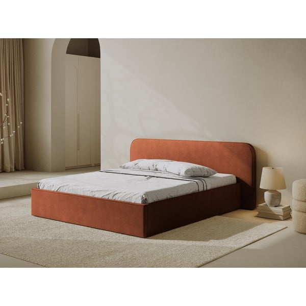 Téglavörös kárpitozott ágyneműtartós franciaágy ágyráccsal 160x200 cm Elizabeth – Micadoni -image-1