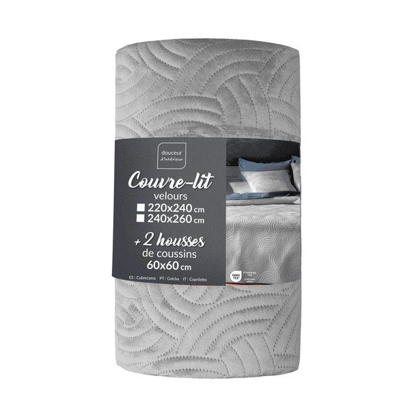 Szürke bársony ágytakaró és párnahuzat szett 240x260 cm Solange – douceur d'intérieur