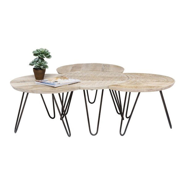 Puro 4 db-os kávézó asztal mangófa lappal és kézzel faragott részletekkel - Kare Design