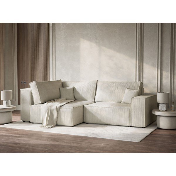 Krémszínű kordbársony kinyitható-tárolóhelyes sarokkanapé (bal oldali-L alakú) Tonga – Maison de Rêve-image-4