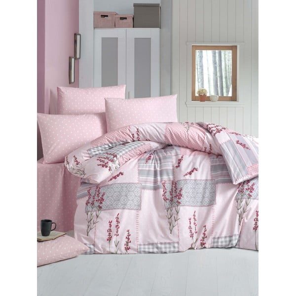 Világos rózsaszín kétszemélyes-hosszabbított pamut ágyneműhuzat lepedővel-ágytakaróval 240x260 cm Burcak – Mijolnir