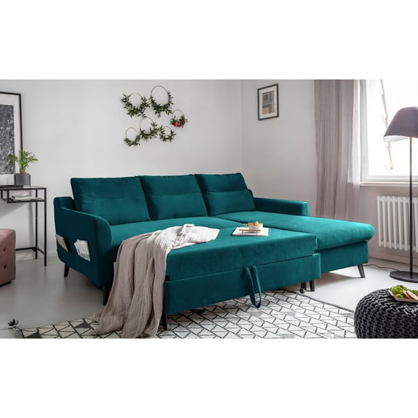 Stylish Stan türkiz kinyitható bársony sarokkanapé, jobb oldali - Miuform-image-4