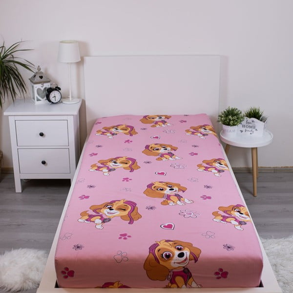 Rózsaszín gumis egyszemélyes pamut gyerek lepedő 90x200 cm Paw Patrol – Jerry Fabrics-image-1