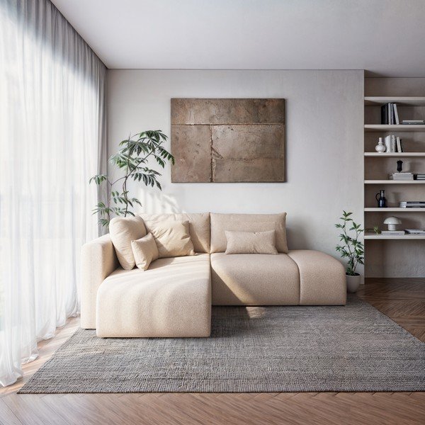 Bézs kinyitható-tárolóhelyes sarokkanapé (bal oldali-heverő résszel) Lumine – Ghado-image-1