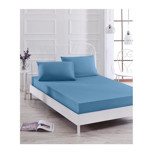 Basso Azul kék elasztikus lepedő és 2 párnahuzat szett egyszemélyes ágyhoz, 160 x 200 cm