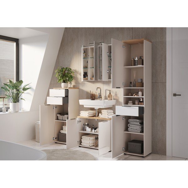 Krémszínű fényes magas-keskeny fürdőszoba szekrény 39x190 cm Tavira – Germania-image-4