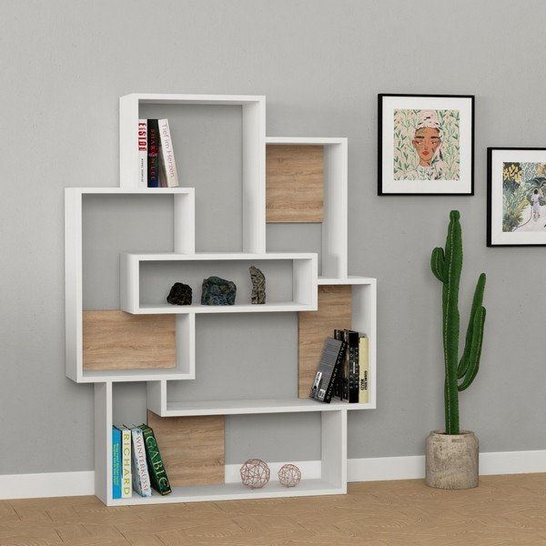 Barce White Oak fehér könyvespolc, tölgyfamintás részletekkel-image-1