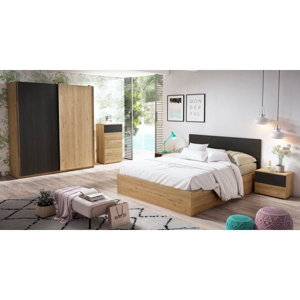 Fekete-natúr színű éjjeliszekrény tölgyfa dekorral Care – Marckeric-image-1