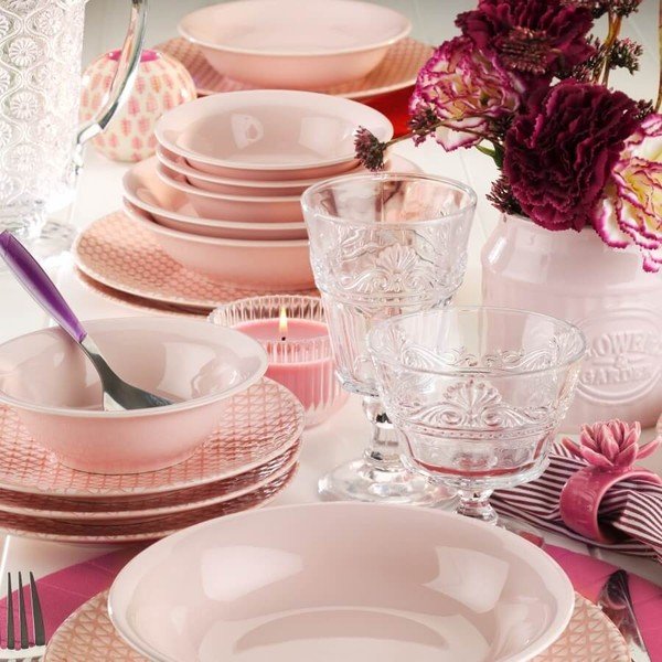 Amelia 24 db-os rózsaszín-fehér porcelán étkészlet - Kütahya Porselen-image-1
