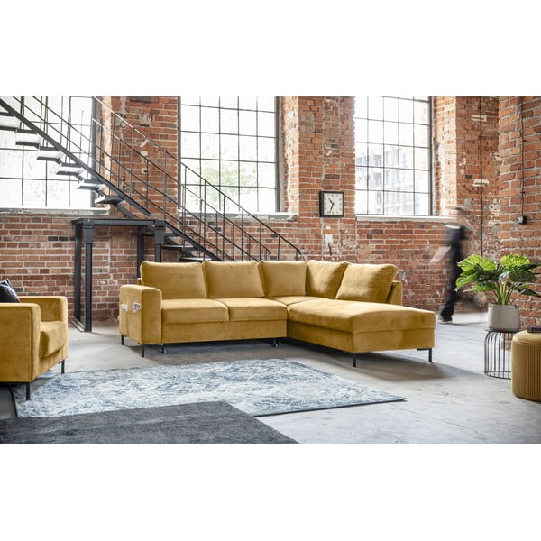 Sárga bársony kinyitható sarokkanapé (jobb oldali) Lofty Lilly – Miuform-image-3