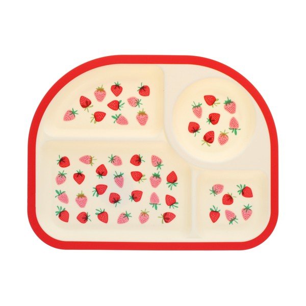 Piros-bézs műanyag gyerek tányér 21x27 cm Little Strawberry – Rex London