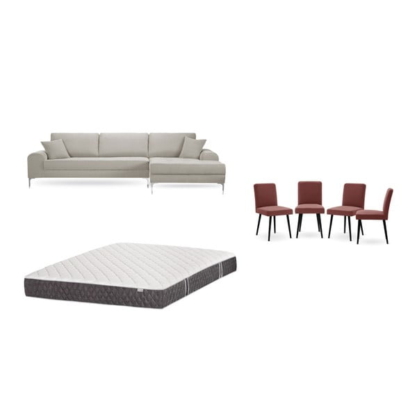 Krémszínű jobboldali sarokkanapé, 4 db téglapiros szék, matrac (160 x 200 cm) szett - Home Essentials