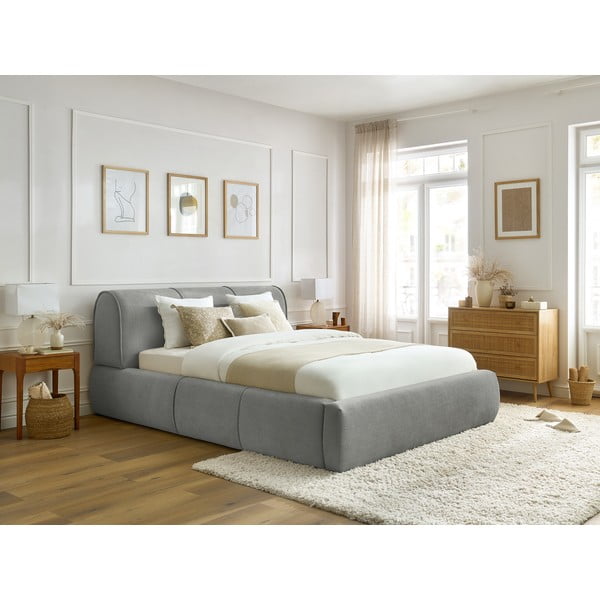 Világosszürke kárpitozott franciaágy tárolóhellyel, ágyráccsal 180x200 cm Vernon – Bobochic Paris-image-1