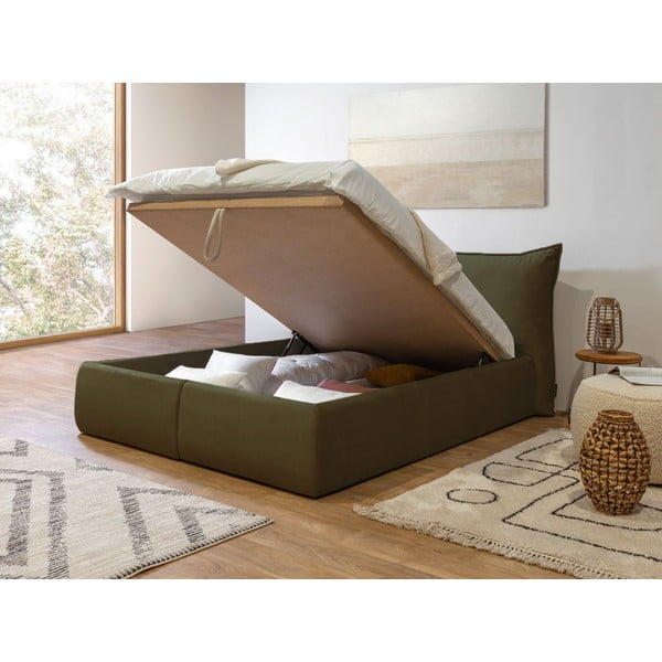 Sötétzöld kárpitozott franciaágy tárolóhellyel ágyráccsal 160x200 cm Jade – Bobochic Paris-image-4