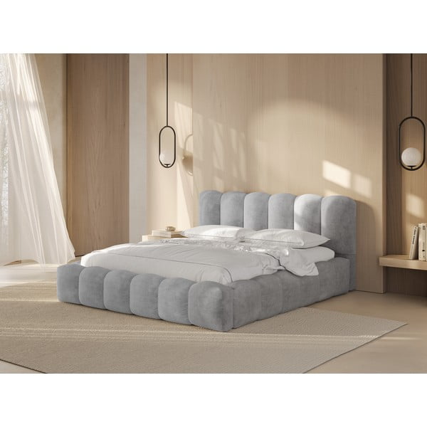 Világosszürke kárpitozott ágyneműtartós franciaágy ágyráccsal 200x200 cm Lupine – Micadoni Home-image-1