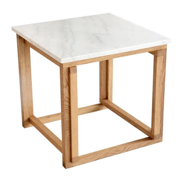 Accent fehér márvány kávézó asztal tölgyfa vázzal, 50 cm széles - RGE