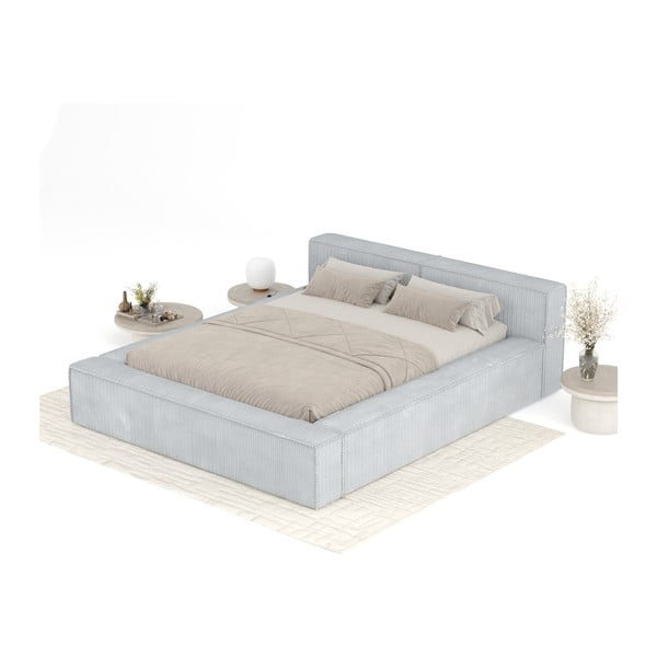 Világosszürke kárpitozott ágyneműtartós franciaágy ágyráccsal 160x200 cm Voliera – Maison de Rêve-image-3