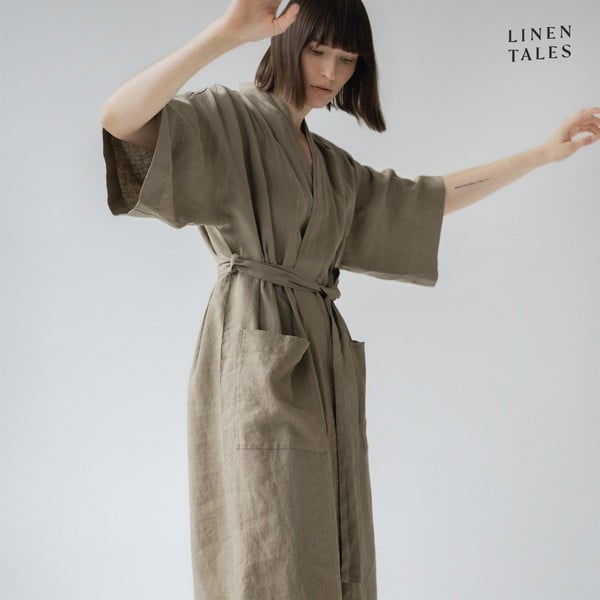Khaki len fürdőköpeny L/XL Summer – Linen Tales-image-1