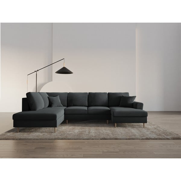 Sötétszürke bársony kinyitható tárolóhelyes sarokkanapé (bal oldali-U alakú) Kyoto – Cosmopolitan Design-image-2