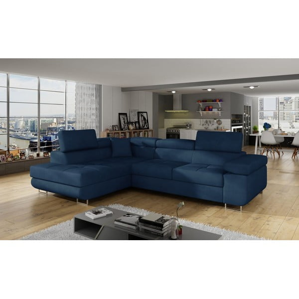 Kék bársony kinyitható-tárolóhelyes sarokkanapé (bal oldali-L alakú) Anton – ELTAP-image-3