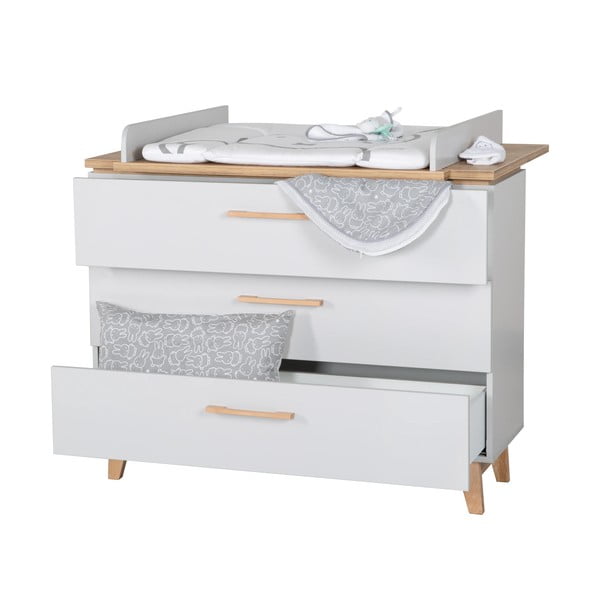 Világosszürke alacsony gyerek komód pelenkázó feltéttel tölgyfa dekorral 117x104 cm Caro – Roba-image-4