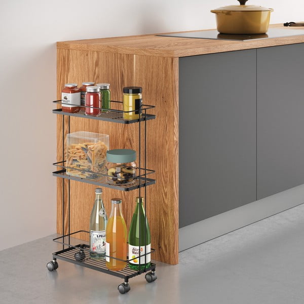 Matt fekete acél gurulós polcos állvány 38x62x16 cm Lava – Metaltex-image-1