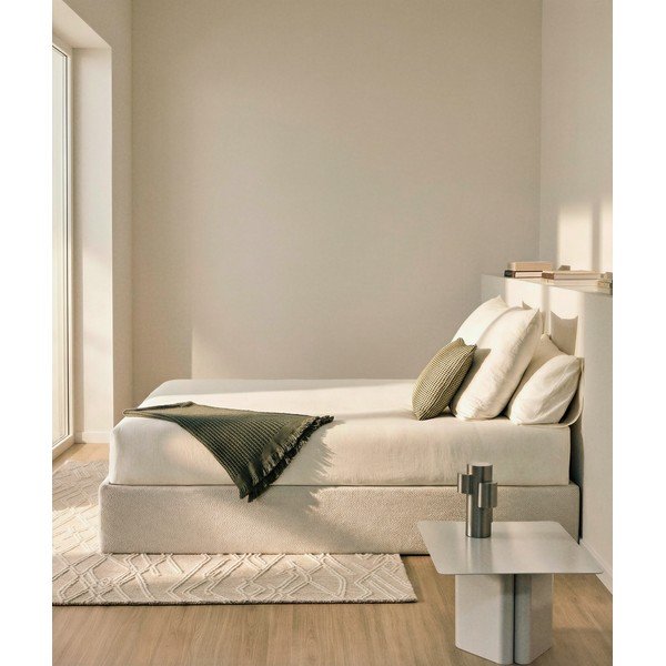Krémszínű kárpitozott ágyneműtartós-ágytámla nélkül zsenília franciaágy ágyráccsal 160x200 cm Nelzi – Kave Home-image-2