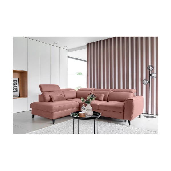 Rózsaszín bársony kinyitható-tárolóhelyes sarokkanapé (bal oldali-L alakú) Noble – ELTAP-image-1