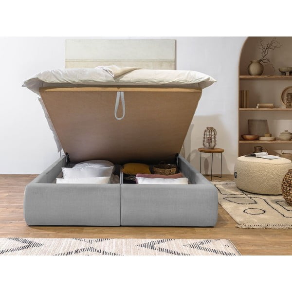 Világosszürke kárpitozott franciaágy tárolóhellyel ágyráccsal 160x200 cm Jade – Bobochic Paris-image-1