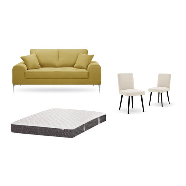 Sárga, kétszemélyes kanapé, 2 db krémszínű szék, matrac (140 x 200 cm) szett - home Essentials