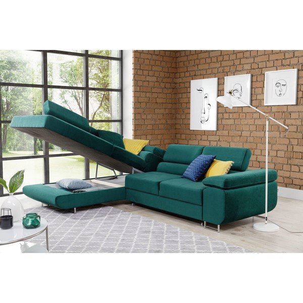 Zöld bársony kinyitható-tárolóhelyes sarokkanapé (bal oldali-L alakú) Anton – ELTAP-image-3