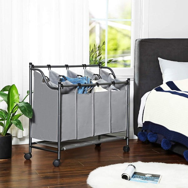 Szürke 4 rekeszes gurulós szennyestartó - Songmics-image-3