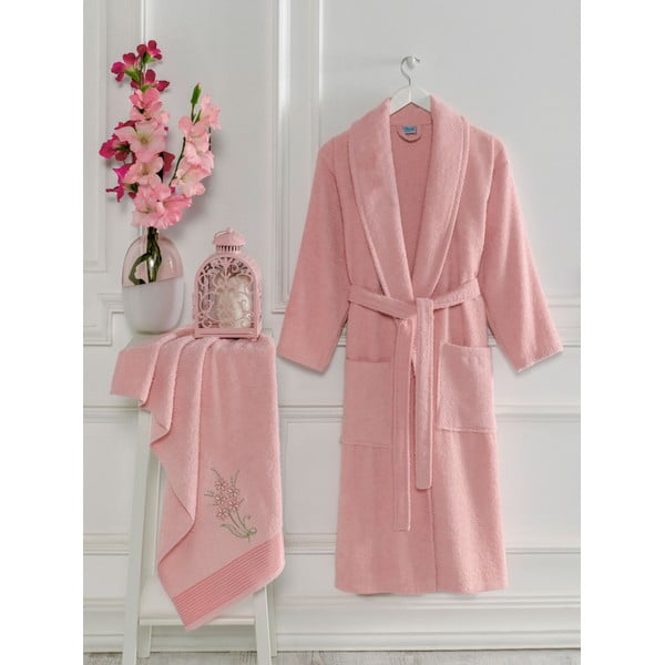 Rózsaszín pamut fürdőköpeny és törölköző szett S/M – Mila Home
